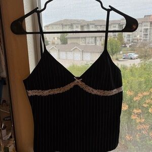 Black Pinstripe Lace Trim Cami Top